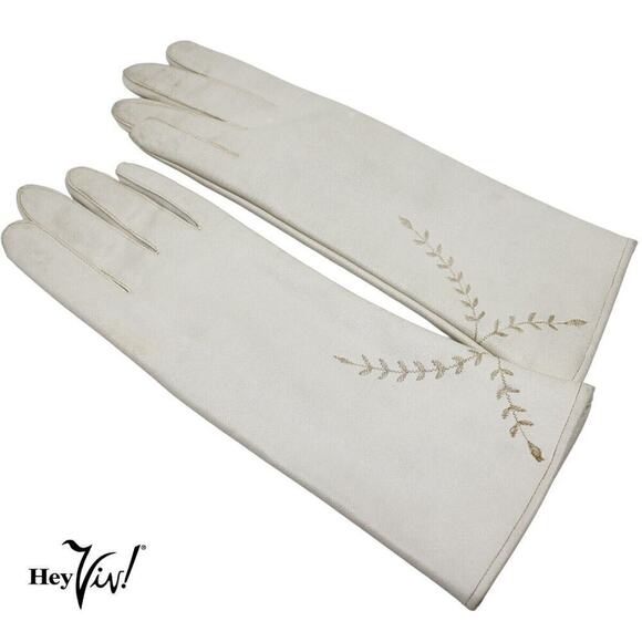Vintage Ivory Max Mayer Embroidered Fashion Gloves Vinyl and Rayon Sz M -Hey Viv - Picture 1 of 6